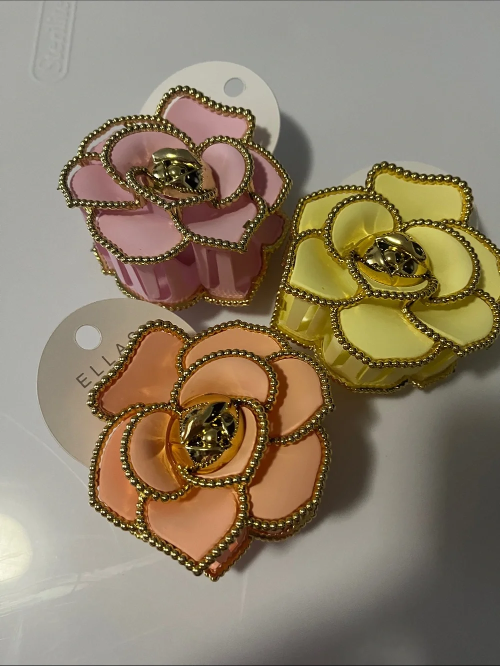 Ella Trio Floral Resin Hair Clips in Pink, Peach & Yellow with Gold Trim